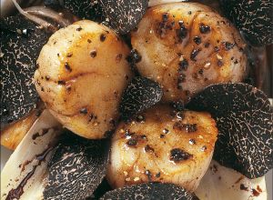 Coquilles Saint-Jacques grillées sur la braise, endives cuites et crues, râpée de truffes noires