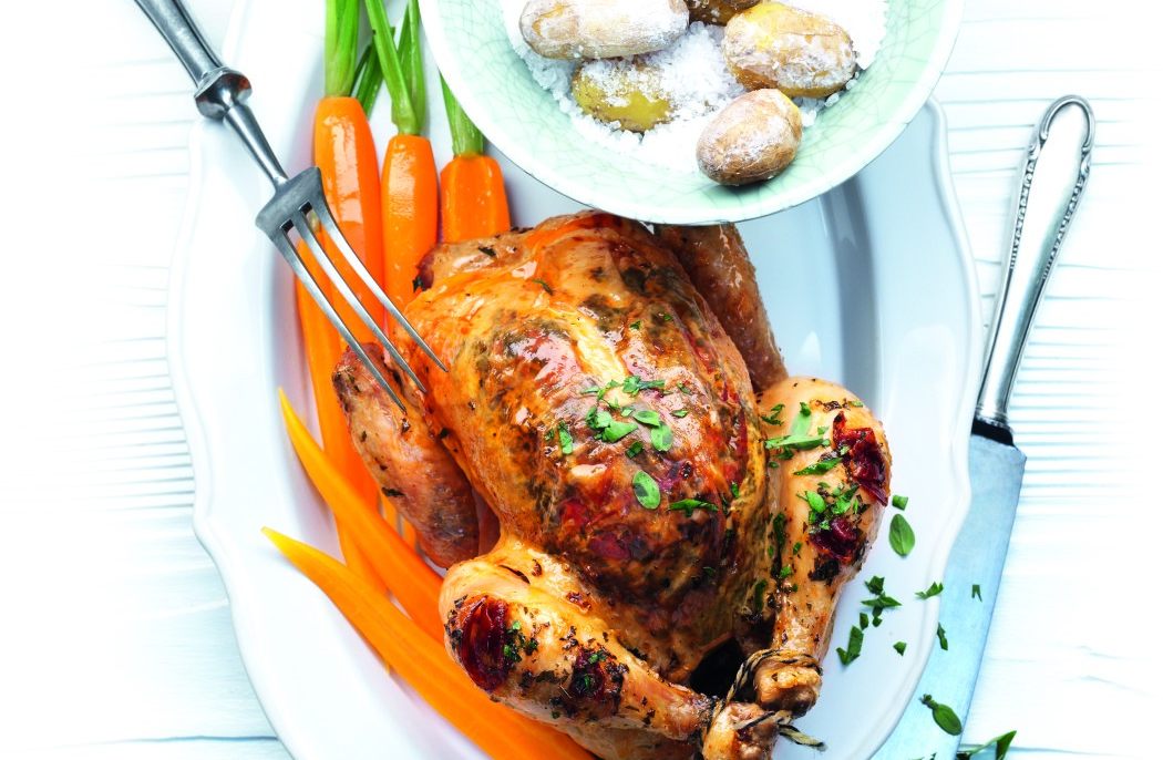 Recette de Poularde rôtie au chorizo, pommes de terre au sel de