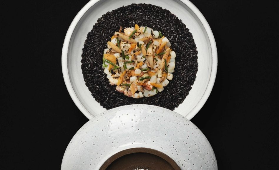Recette de riz noir de la plaine du pô, poulpe, calamar et coquillages par Alain Ducasse