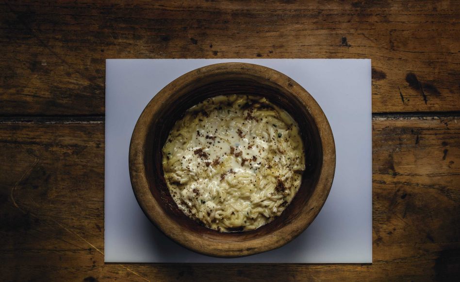 Recette des vermicelles, truffe blanche et risotto par Akrame Benallal