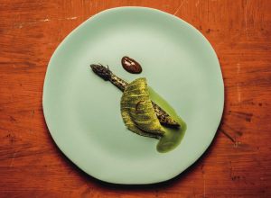 Recette de raviole à l'asperge verte et  sabayon pistache par Akrame Benallal