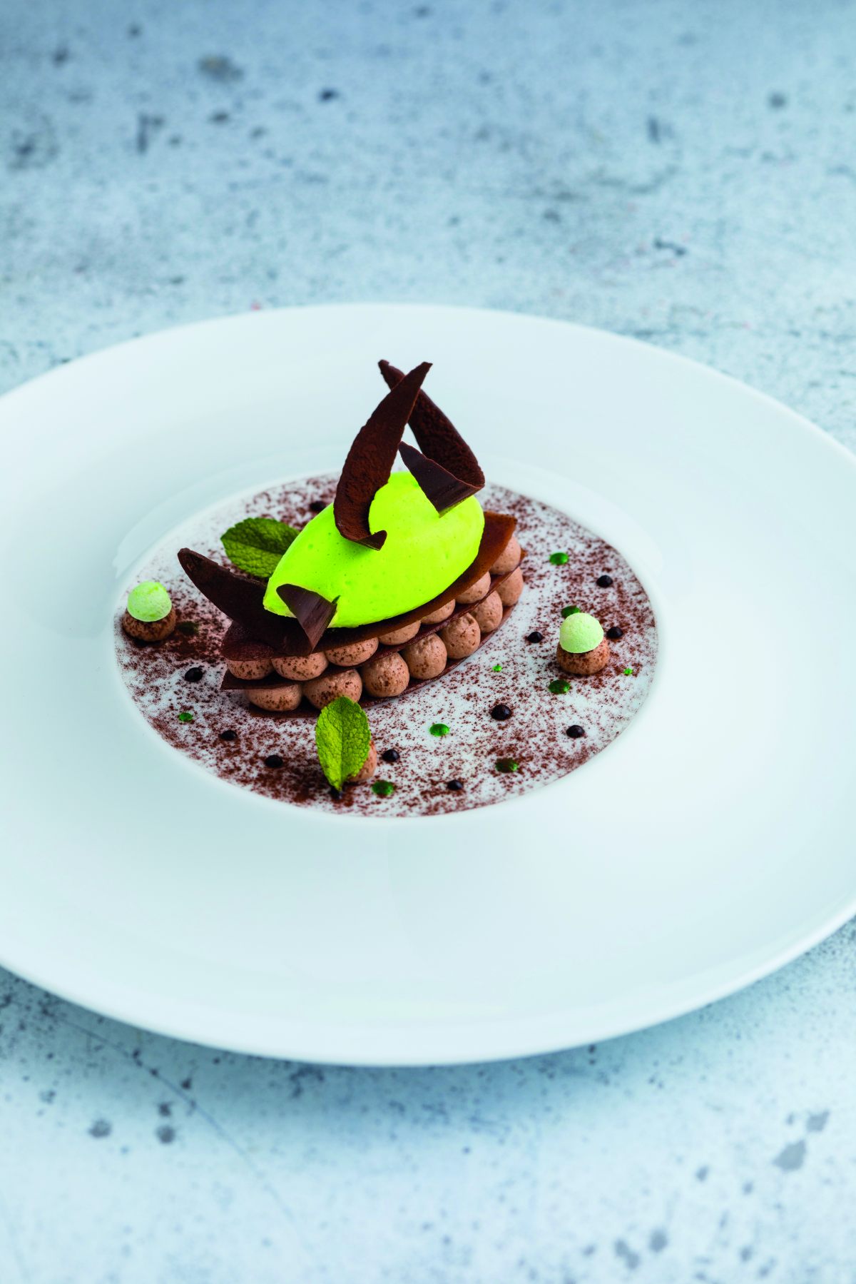 Menthe-chocolat, crmeux chocolat  66 % de cacao, meringue croustillante  et sorbet menthe-citron ...